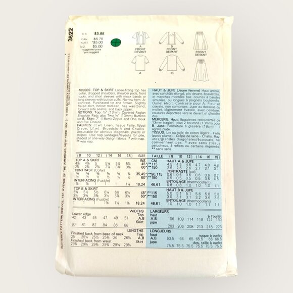 Vintage 1980s Butterick Sewing Pattern 3622 Misses Top Skirt Size 8-12 - Picture 2 of 2